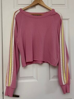 Wildfox Cropped Pink Sweatshirt Top | White, Orange and Yellow Stripped Sleeves